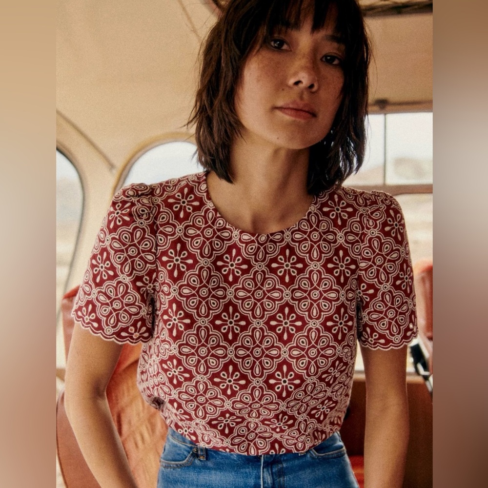 Sezane Annabelle Blouse Contrasting Embroidery Burgundy Ecru - Size 6 - Picture 3 of 3
